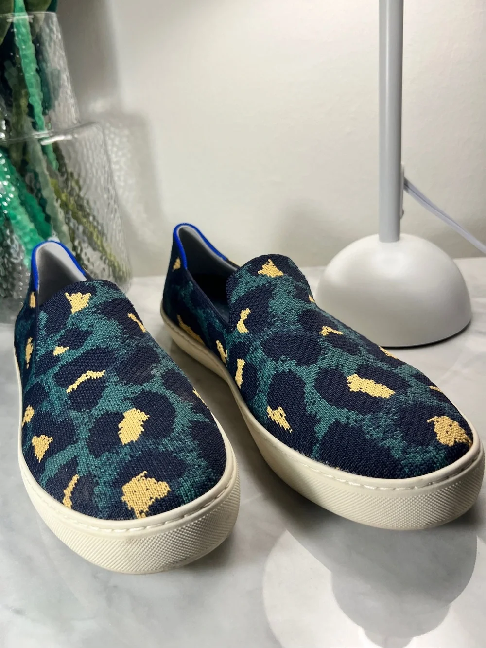 Rothy’s Original Slip On Sneaker Navy Teal Yellow Leopard Knit Shoes Size 11